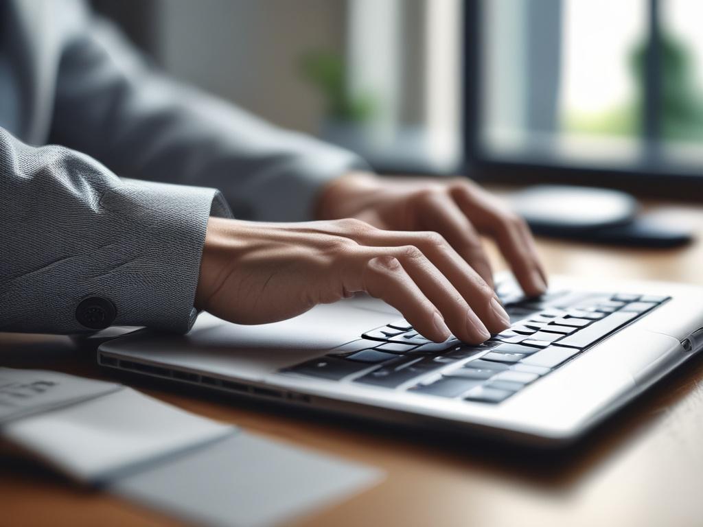 A high resolution close up shot of hands typing on